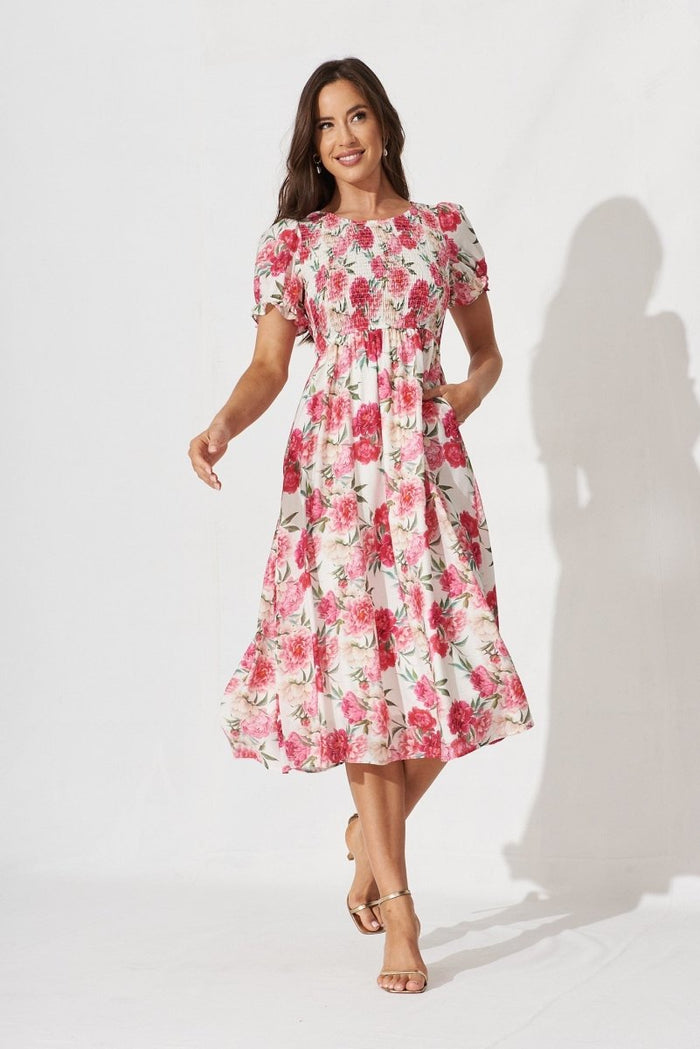Carline Midi Dress In White With Pink Floral - St Frock (Dev)