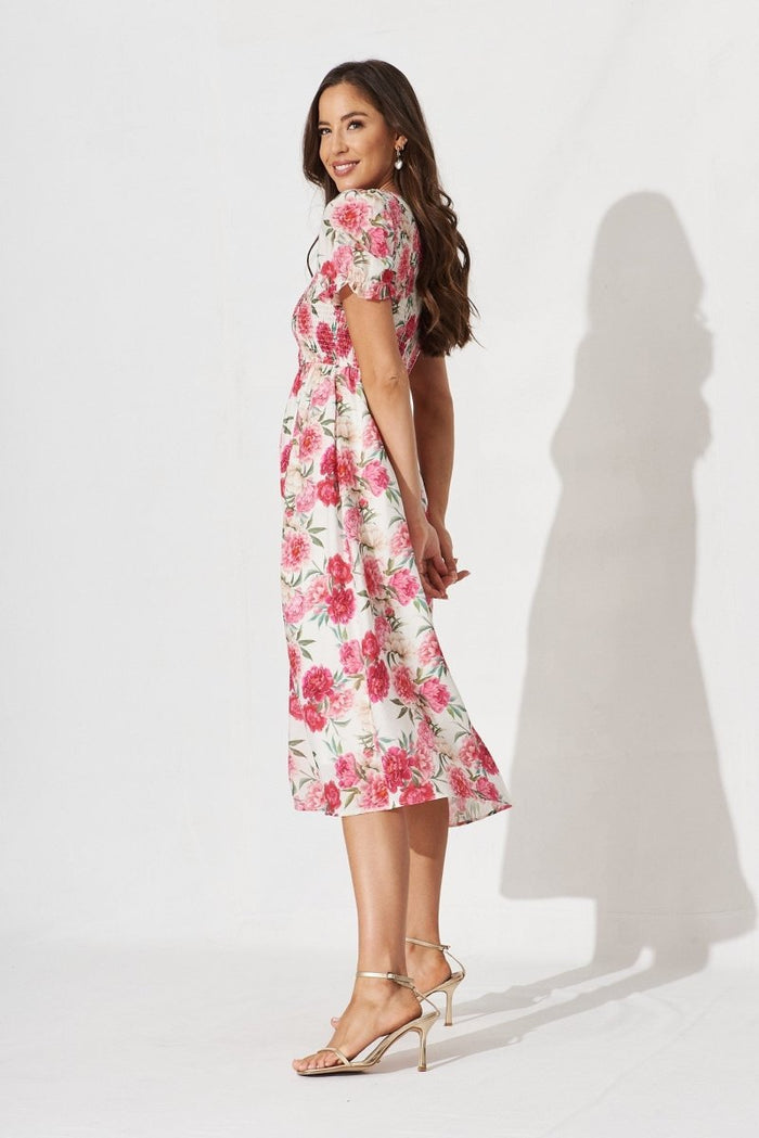 Carline Midi Dress In White With Pink Floral - St Frock (Dev)