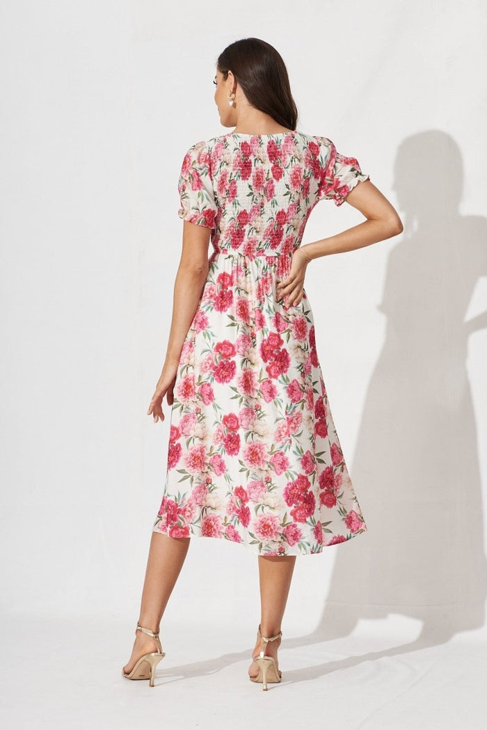 Carline Midi Dress In White With Pink Floral - St Frock (Dev)