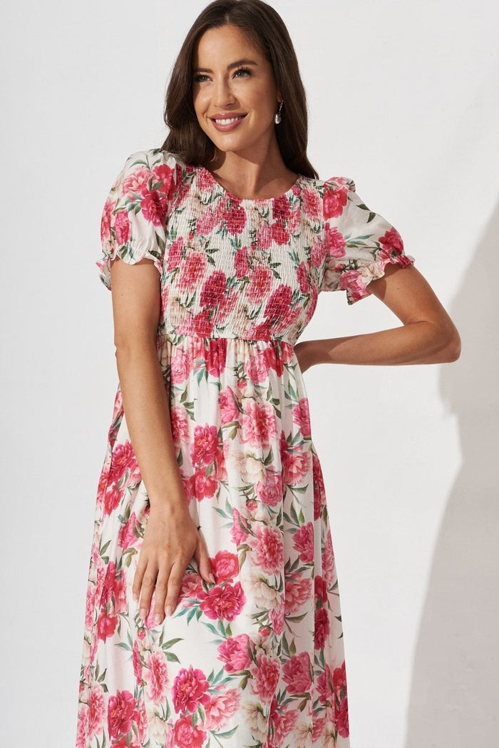 Carline Midi Dress In White With Pink Floral - St Frock (Dev)