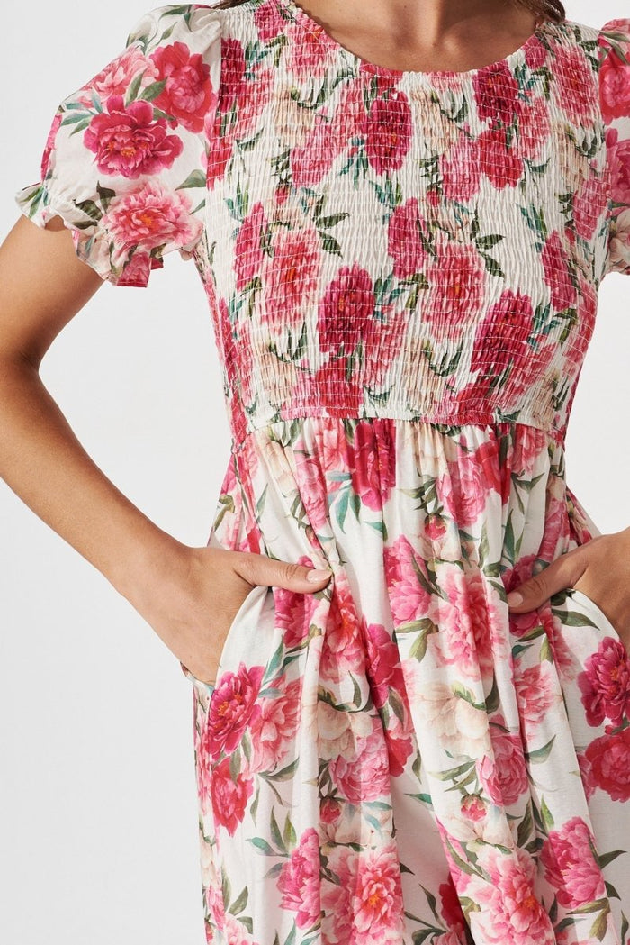 Carline Midi Dress In White With Pink Floral - St Frock (Dev)