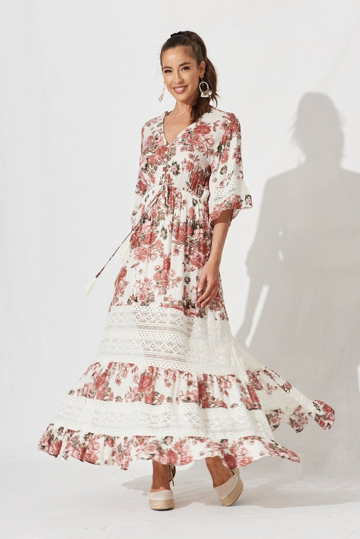 Boheme Maxi Dress In White With Pink Floral - St Frock (Dev)