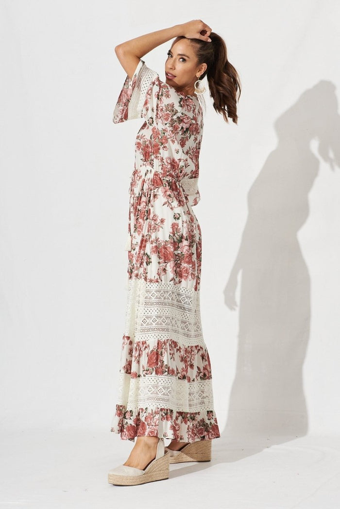 Boheme Maxi Dress In White With Pink Floral - St Frock (Dev)
