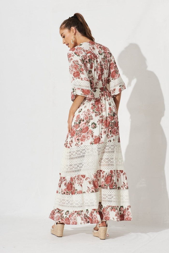 Boheme Maxi Dress In White With Pink Floral - St Frock (Dev)
