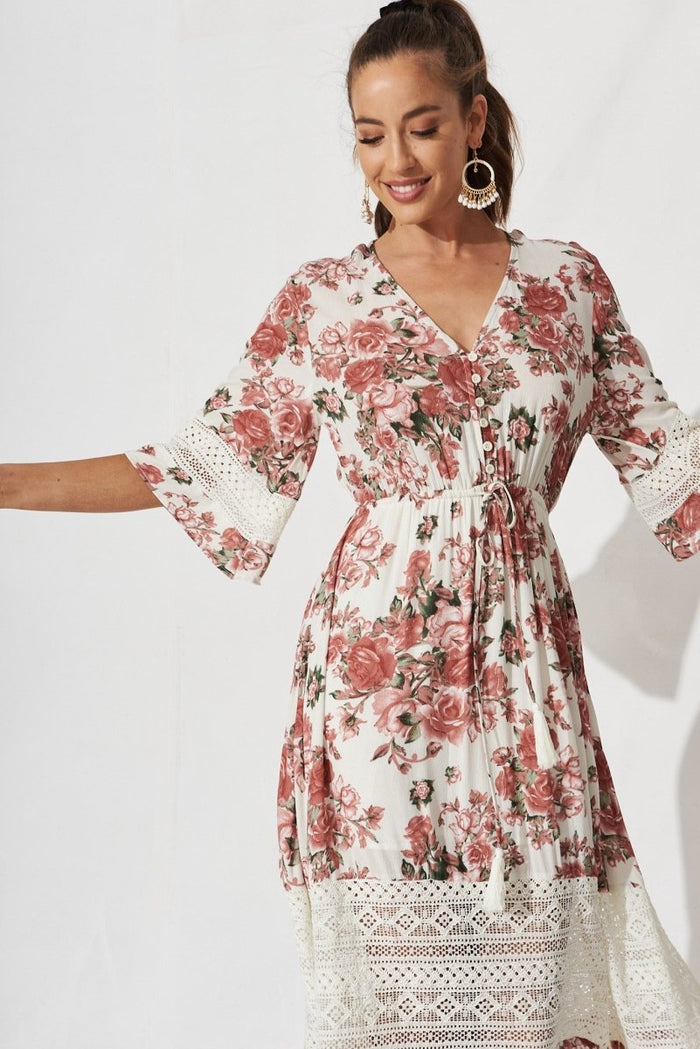 Boheme Maxi Dress In White With Pink Floral - St Frock (Dev)
