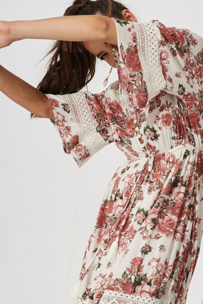 Boheme Maxi Dress In White With Pink Floral - St Frock (Dev)