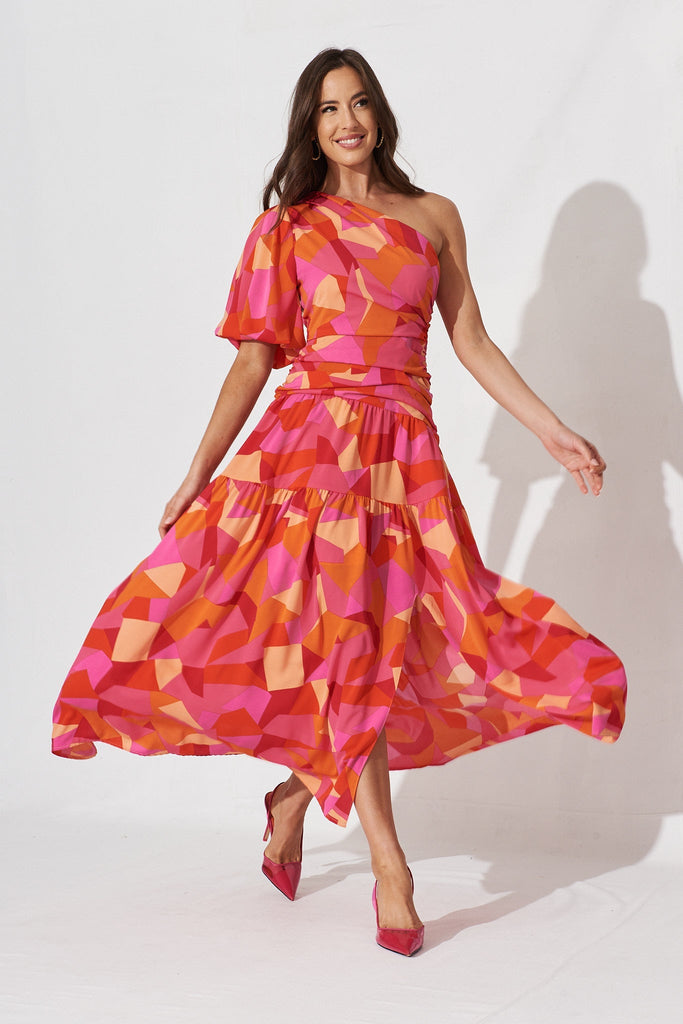 Berlyn Off Shoulder Maxi Dress In Pink With Orange Floral - full length