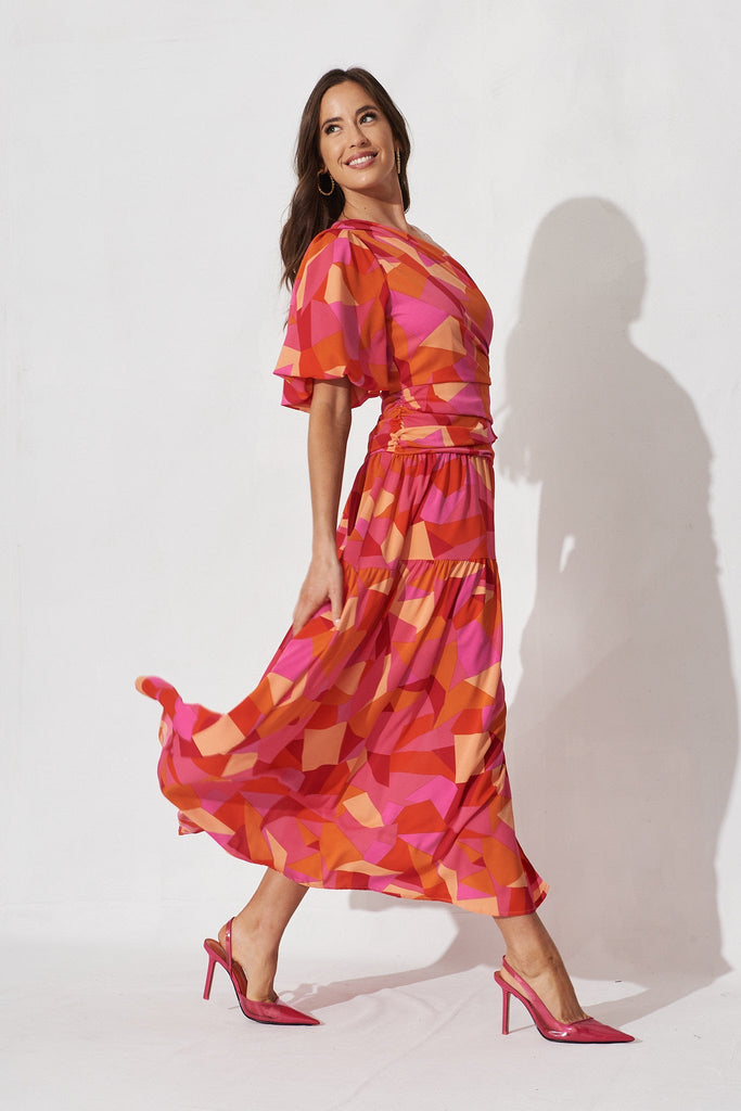 Berlyn Off Shoulder Maxi Dress In Pink With Orange Floral - right side