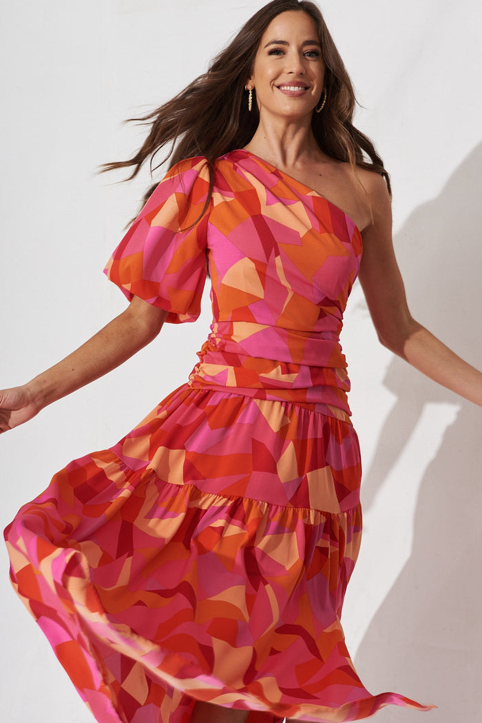 Berlyn Off Shoulder Maxi Dress In Pink With Orange Floral - front