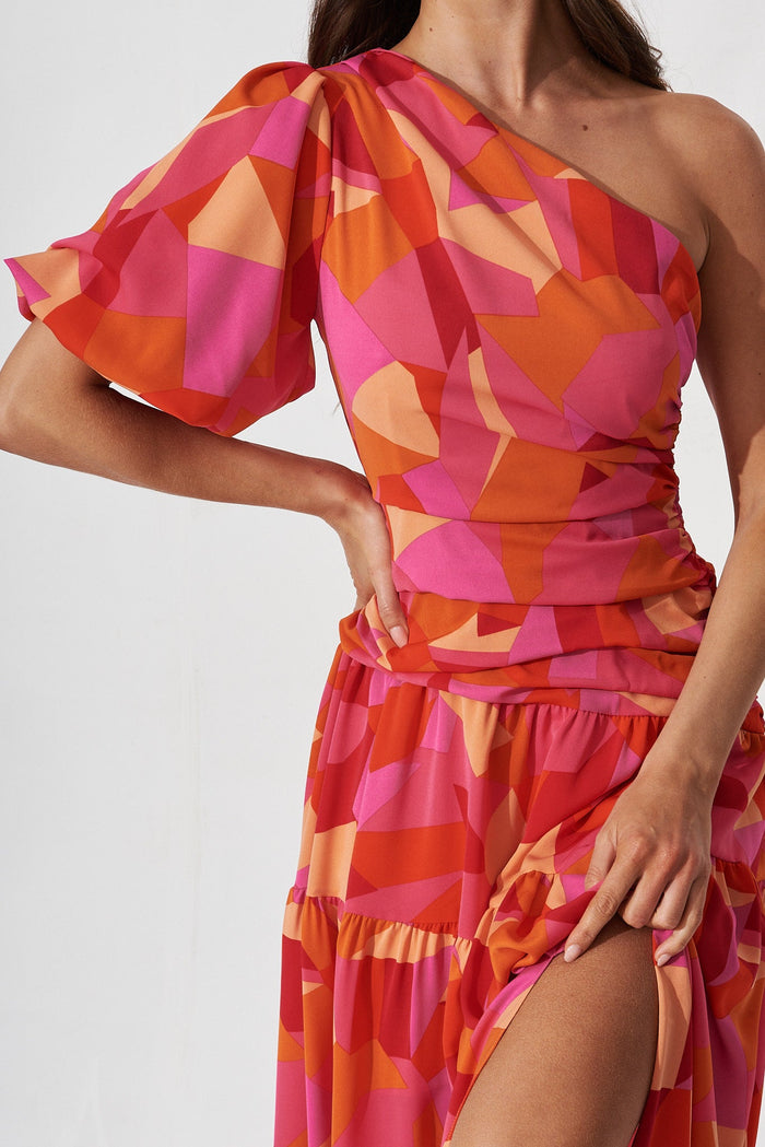 Berlyn Off Shoulder Maxi Dress In Pink With Orange Floral - detail
