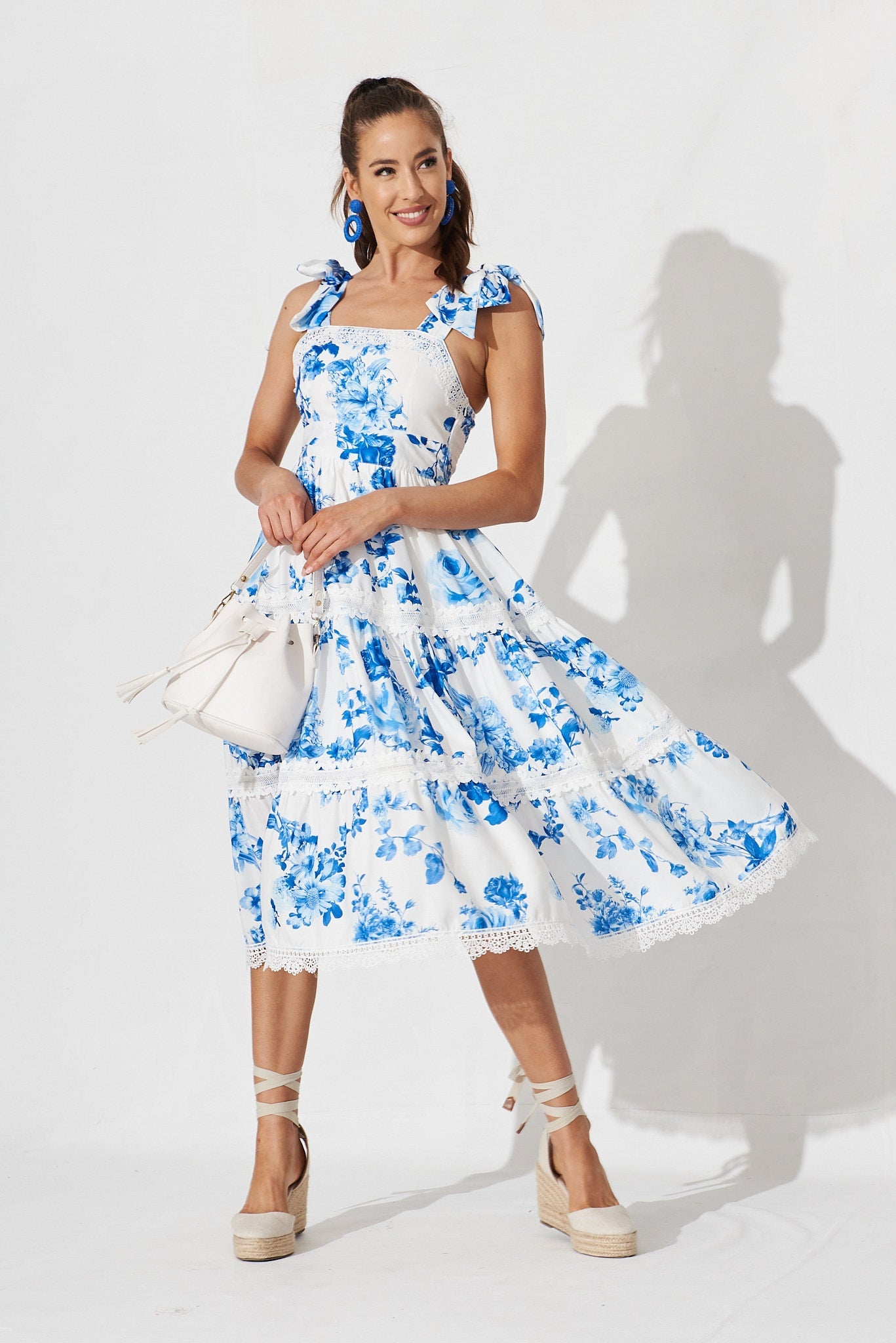 Belair Midi Dress In White With Blue Floral - full length