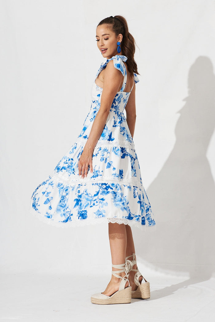 Belair Midi Dress In White With Blue Floral - side