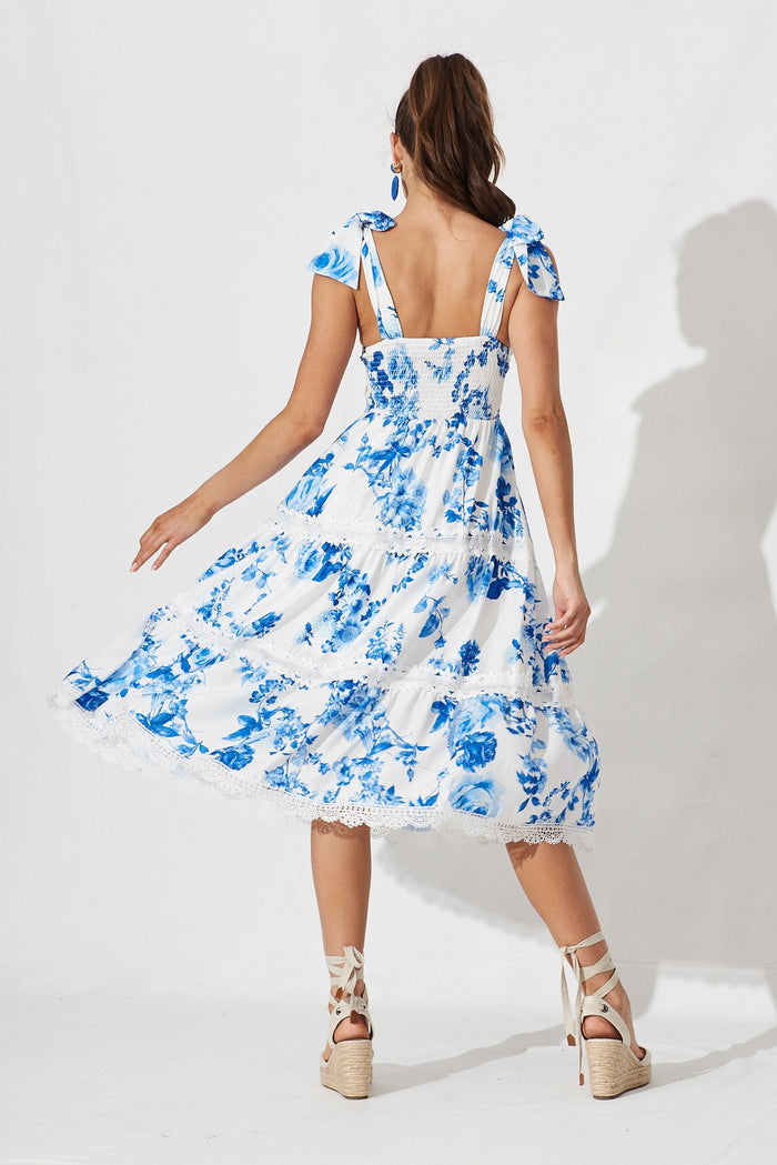 Belair Midi Dress In White With Blue Floral - back