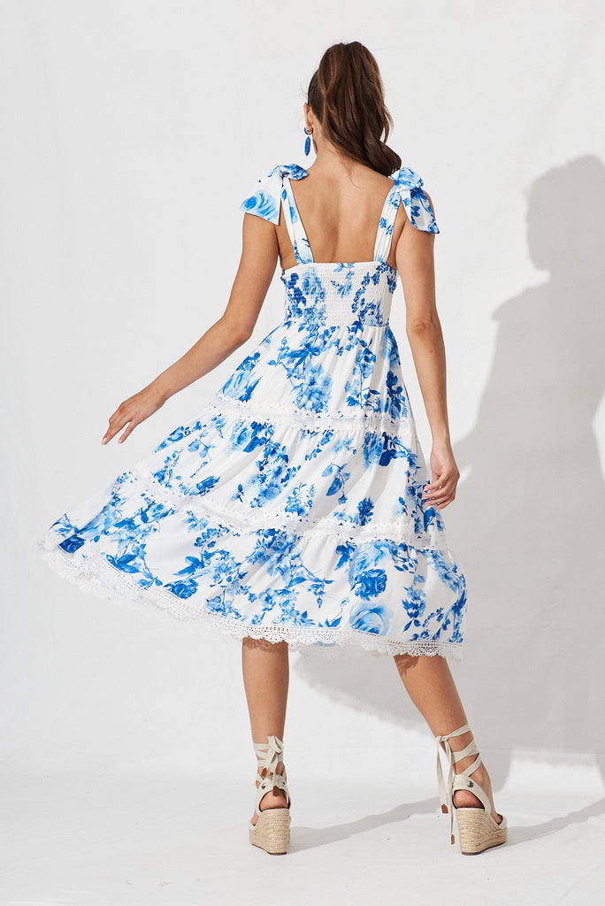 Belair Midi Dress In White With Blue Floral - back