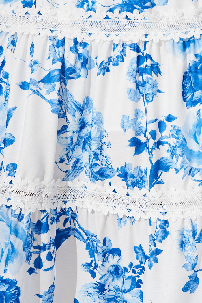 Belair Midi Dress In White With Blue Floral - fabric