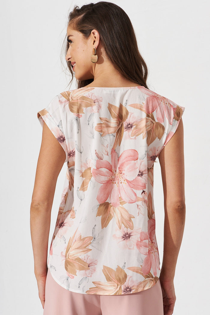 Jina Top In White With Peach Floral - back