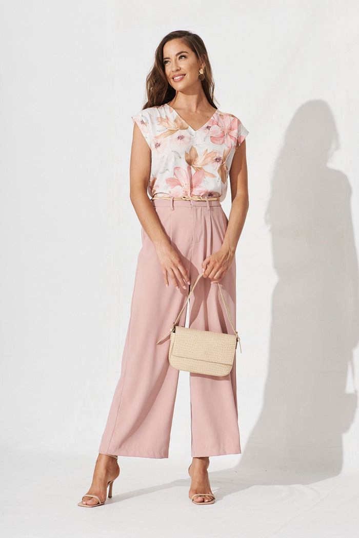 Jina Top In White With Peach Floral - full length