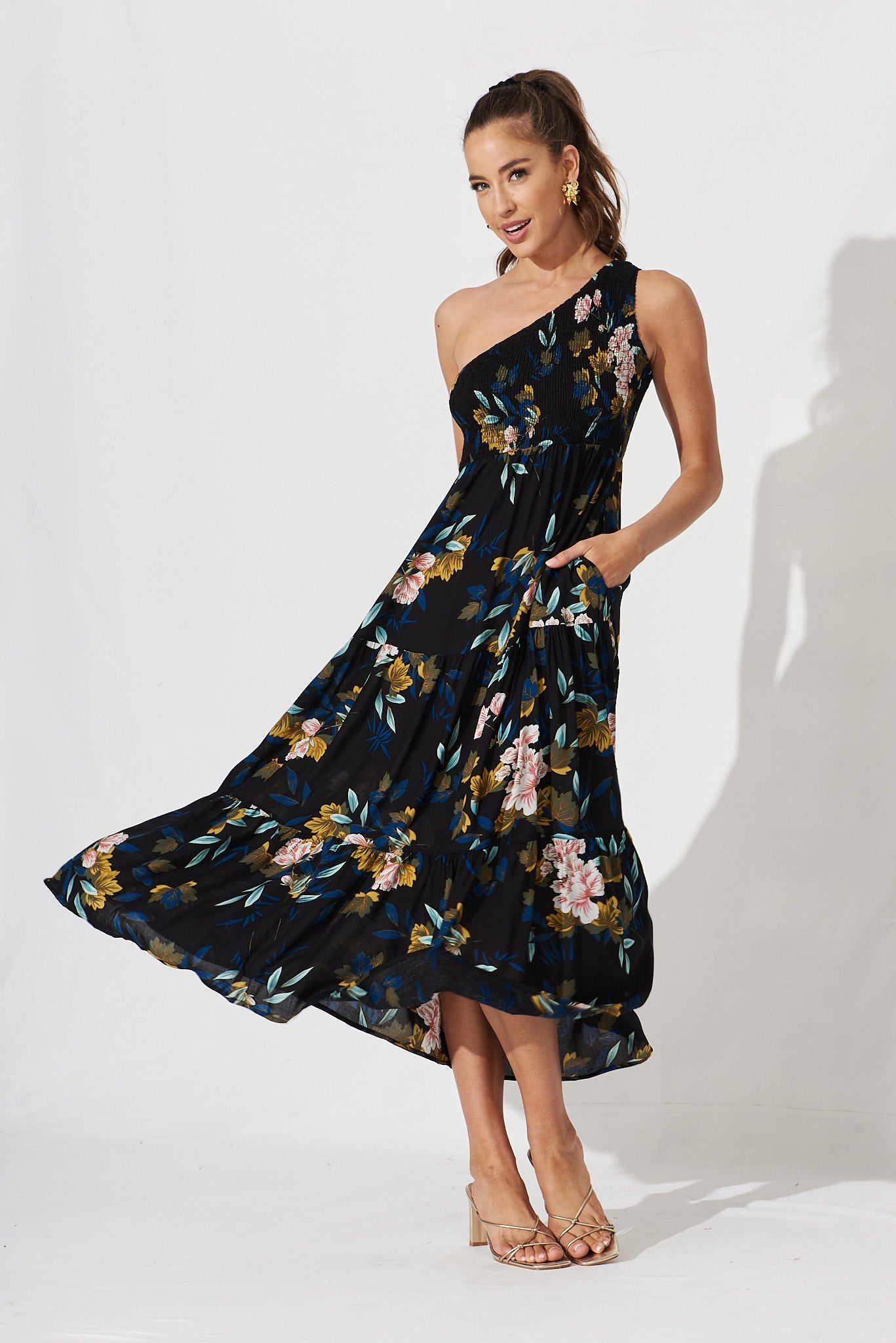 Hanny One Shoulder Midi Dress In Black With Green Leaf - full length