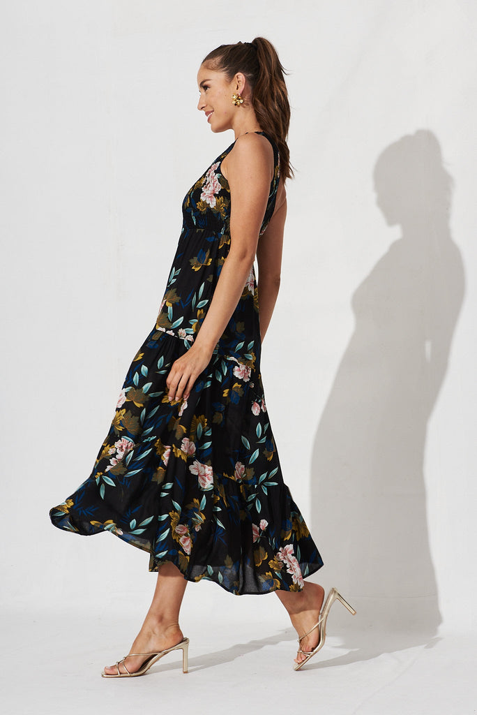 Hanny One Shoulder Midi Dress In Black With Green Leaf - left side