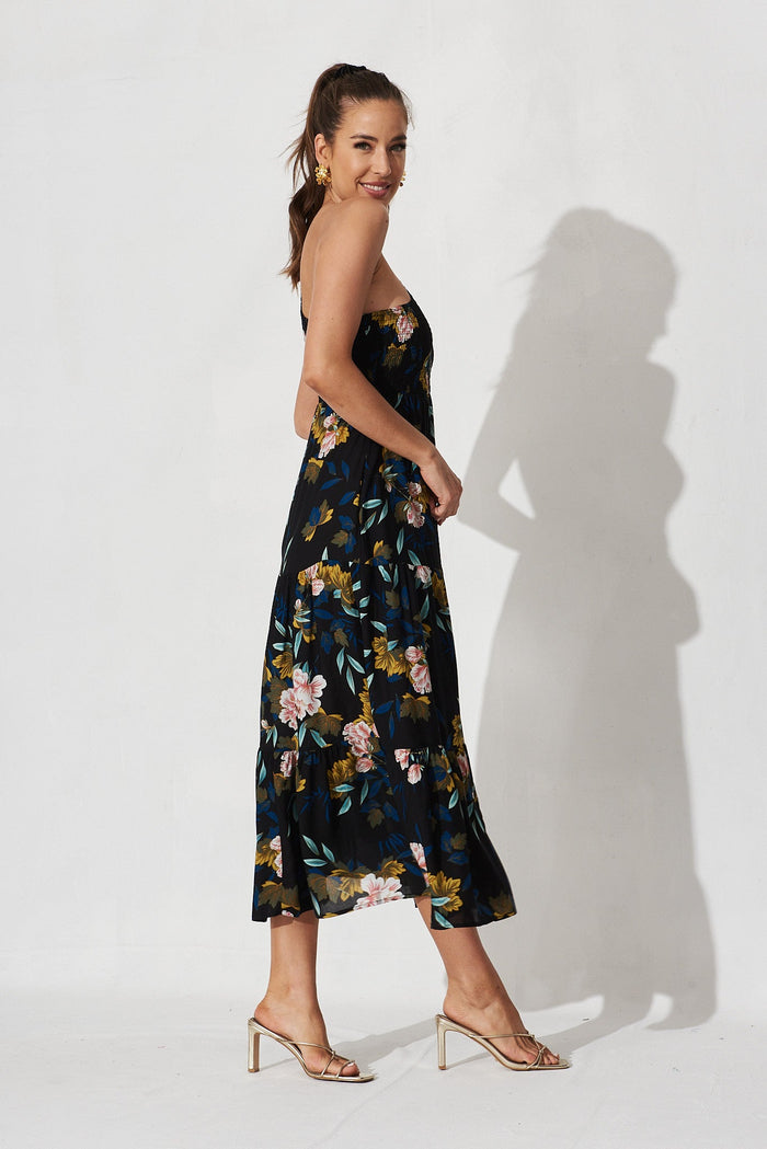 Hanny One Shoulder Midi Dress In Black With Green Leaf - right side