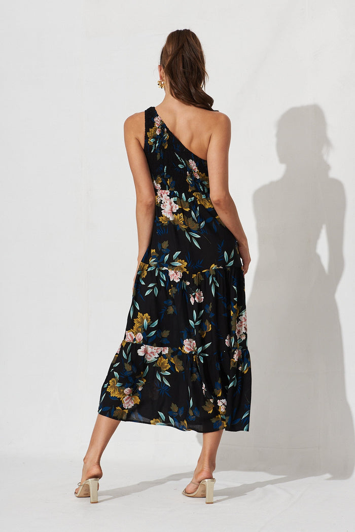 Hanny One Shoulder Midi Dress In Black With Green Leaf - back