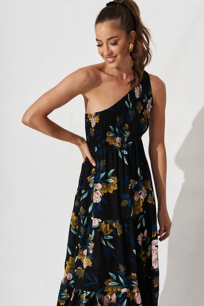 Hanny One Shoulder Midi Dress In Black With Green Leaf - front