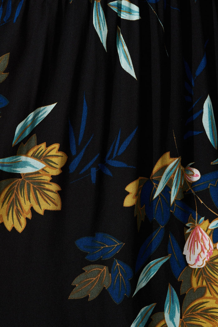 Hanny One Shoulder Midi Dress In Black With Green Leaf - fabric