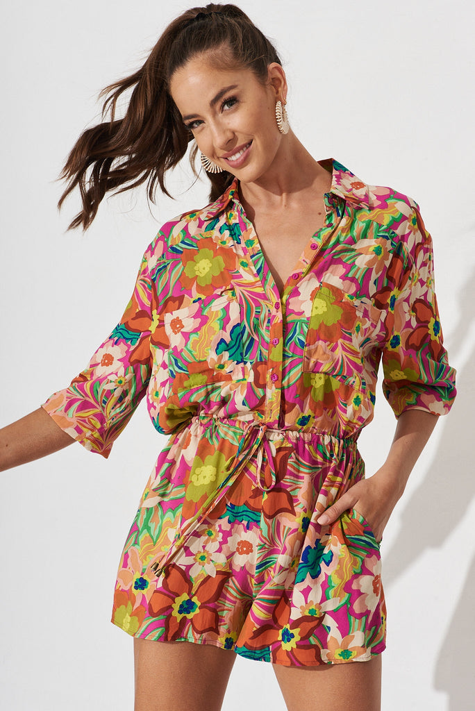 Powers Playsuit In Pink With Multi Retro Floral - front