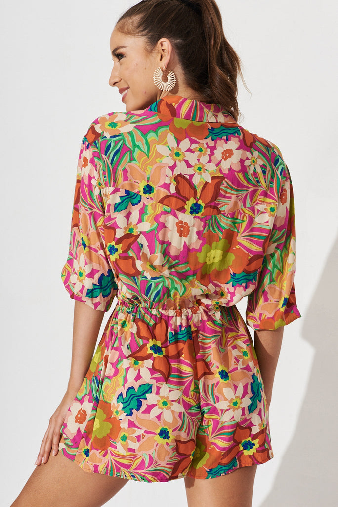 Powers Playsuit In Pink With Multi Retro Floral - back