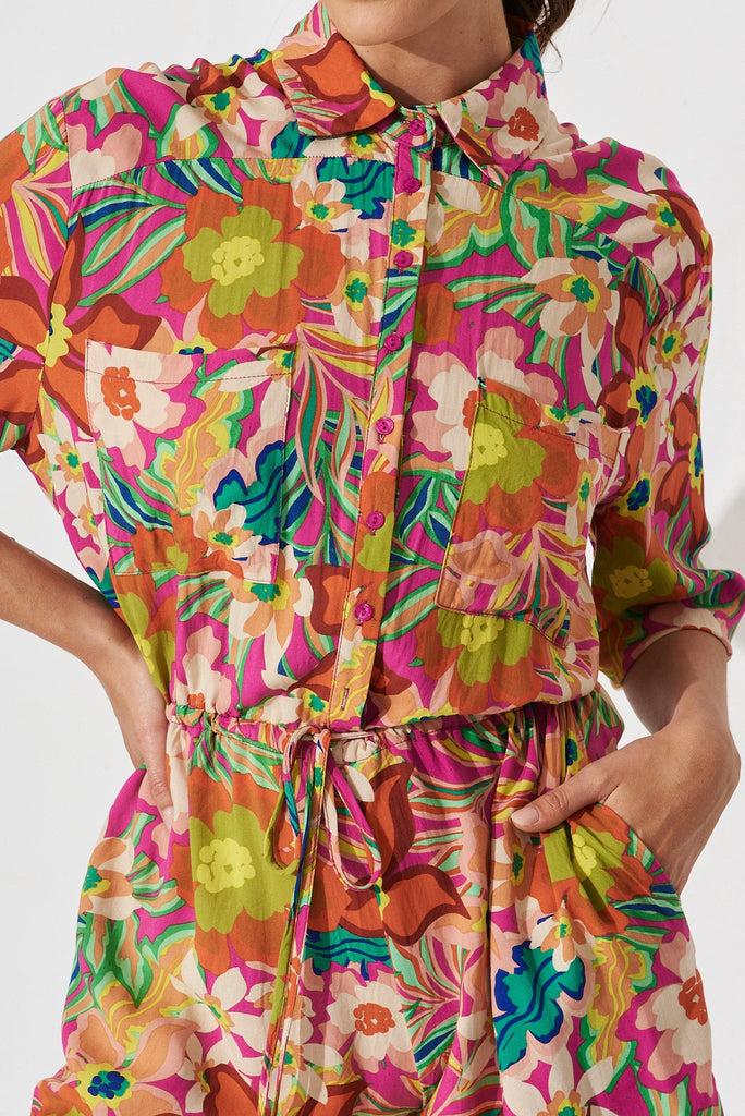 Powers Playsuit In Pink With Multi Retro Floral - detail