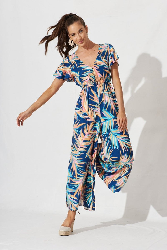 Canary Maxi Jumpsuit In Navy With Multi Feather Print - St Frock (Dev)