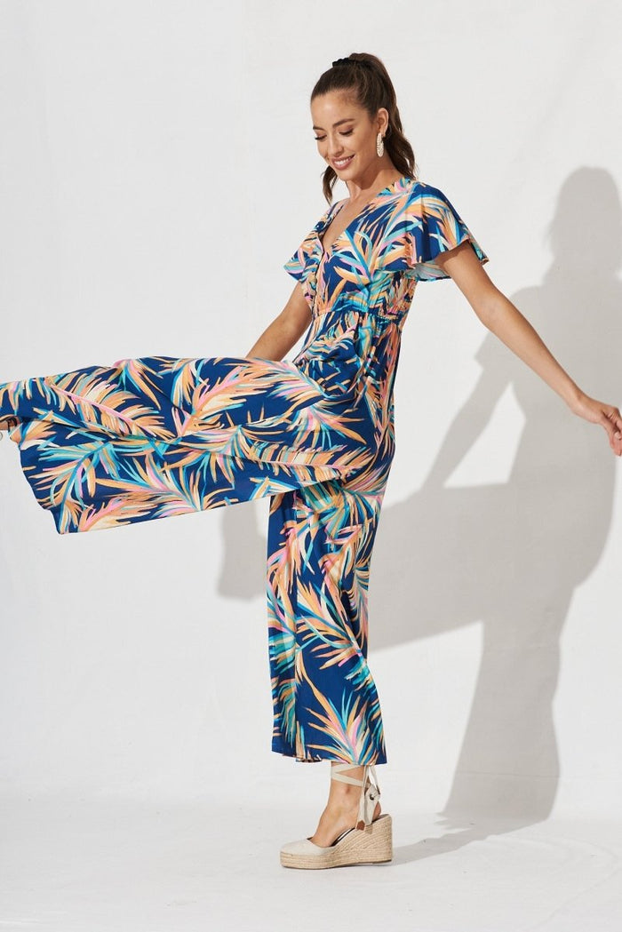 Canary Maxi Jumpsuit In Navy With Multi Feather Print - St Frock (Dev)