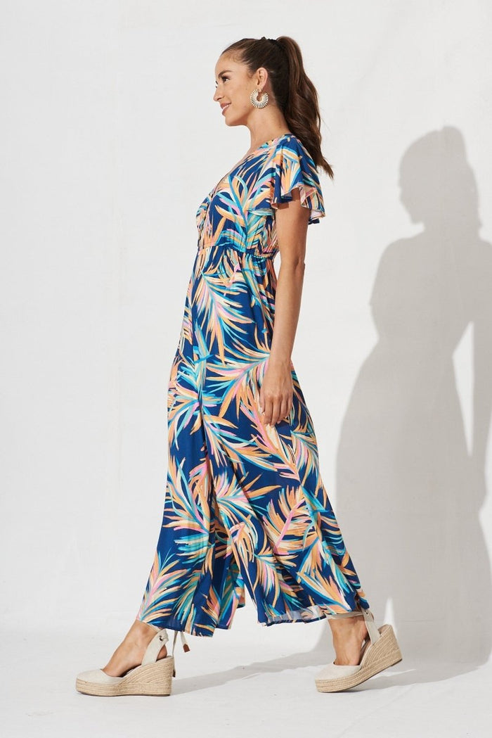 Canary Maxi Jumpsuit In Navy With Multi Feather Print - St Frock (Dev)
