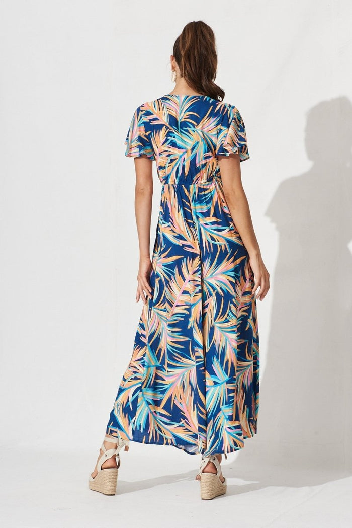 Canary Maxi Jumpsuit In Navy With Multi Feather Print - St Frock (Dev)