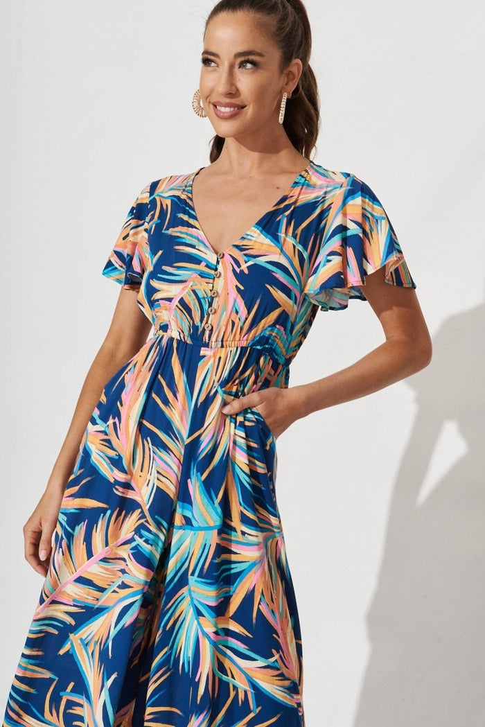 Canary Maxi Jumpsuit In Navy With Multi Feather Print - St Frock (Dev)
