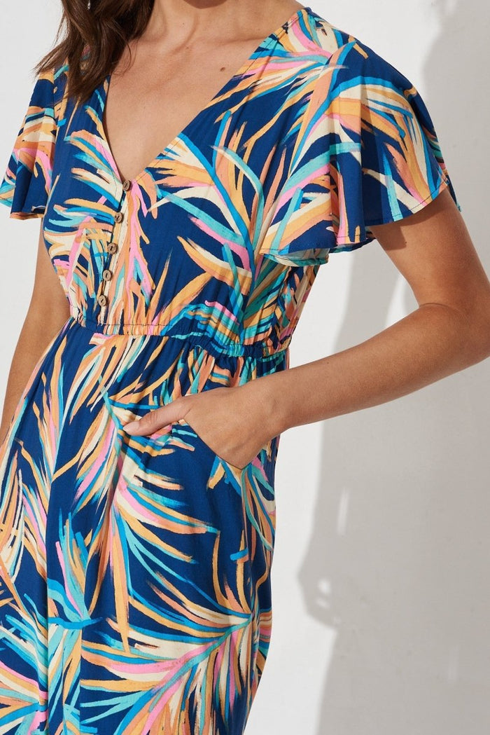 Canary Maxi Jumpsuit In Navy With Multi Feather Print - St Frock (Dev)