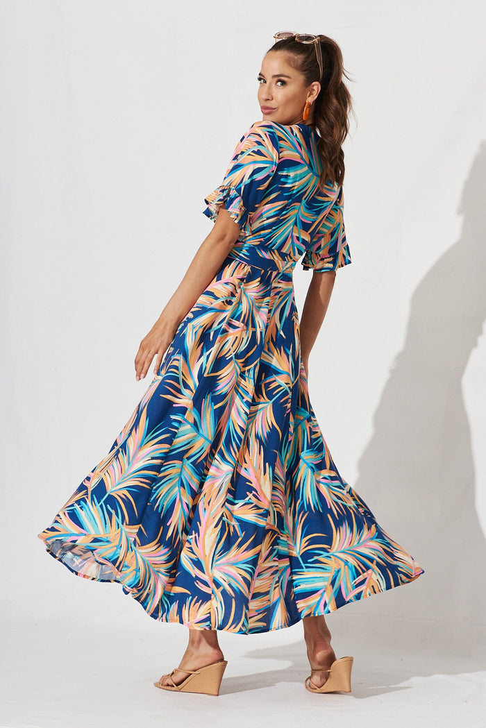 Rondal Maxi Wrap Dress In Navy With Multi Feather Print - side