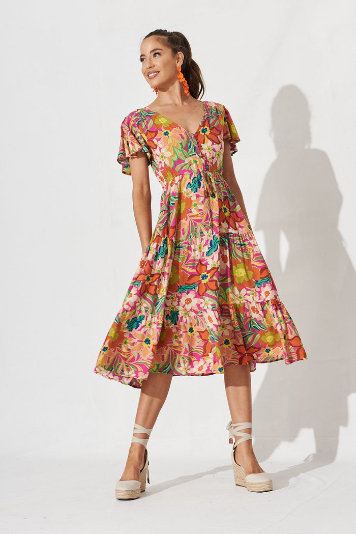 Fonda Midi Dress In Pink With Multi Retro Floral - full length