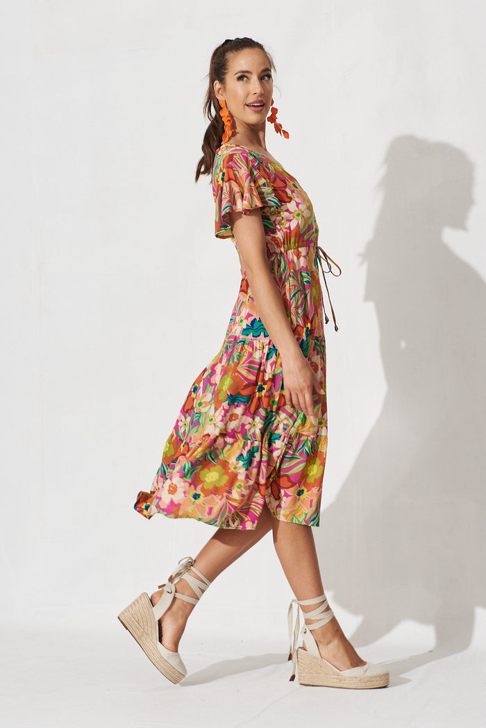Fonda Midi Dress In Pink With Multi Retro Floral - side