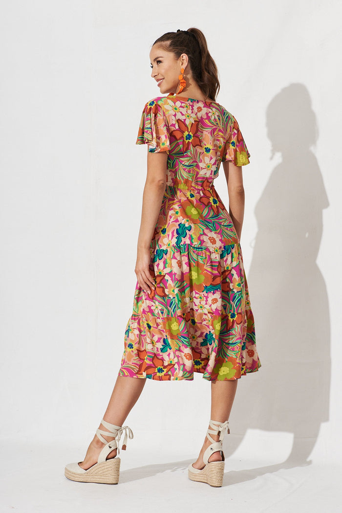 Fonda Midi Dress In Pink With Multi Retro Floral - back