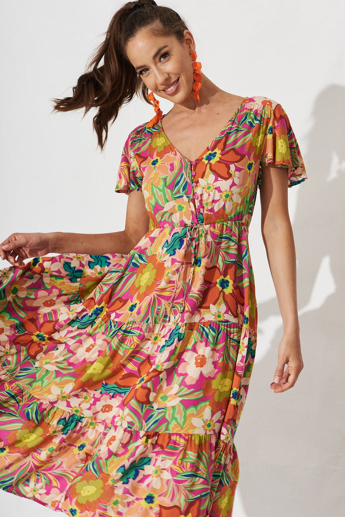 Fonda Midi Dress In Pink With Multi Retro Floral - front