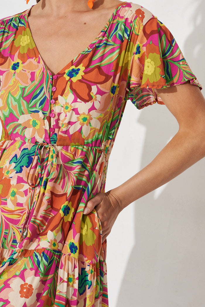 Fonda Midi Dress In Pink With Multi Retro Floral - detail