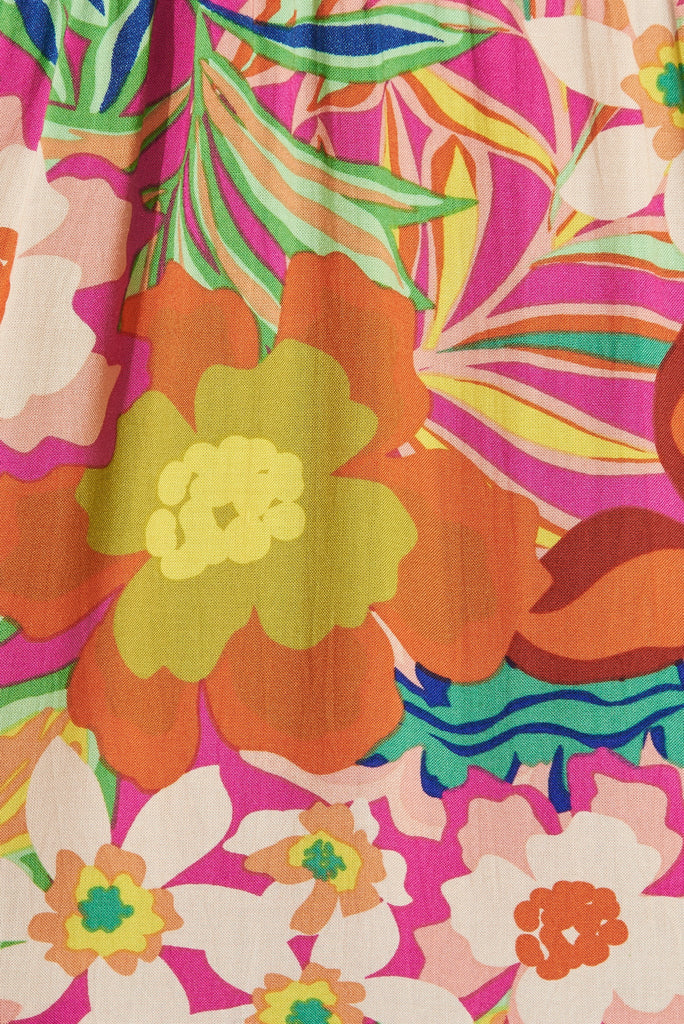 Fonda Midi Dress In Pink With Multi Retro Floral - fabric