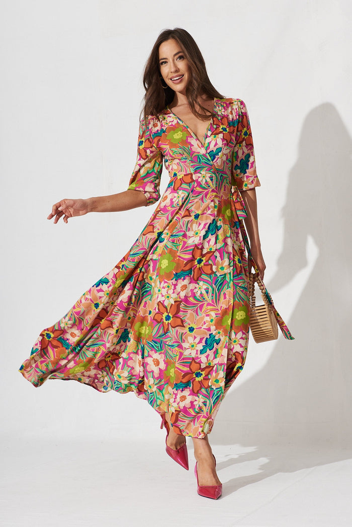 Ronda Wrap Maxi Dress In Pink With Multi Retro Floral - full length