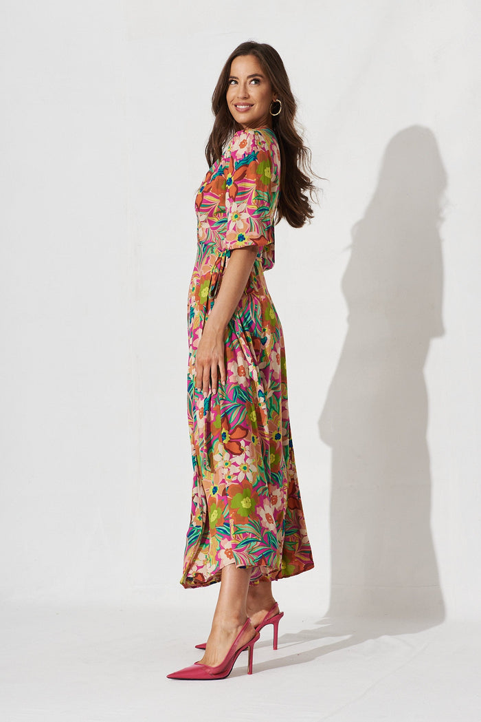 Ronda Wrap Maxi Dress In Pink With Multi Retro Floral - side