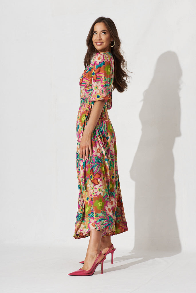 Ronda Wrap Maxi Dress In Pink With Multi Retro Floral - side