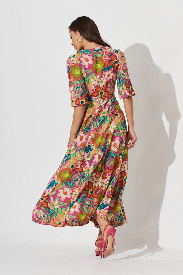 Ronda Wrap Maxi Dress In Pink With Multi Retro Floral - back