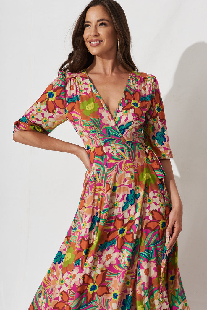 Ronda Wrap Maxi Dress In Pink With Multi Retro Floral - front