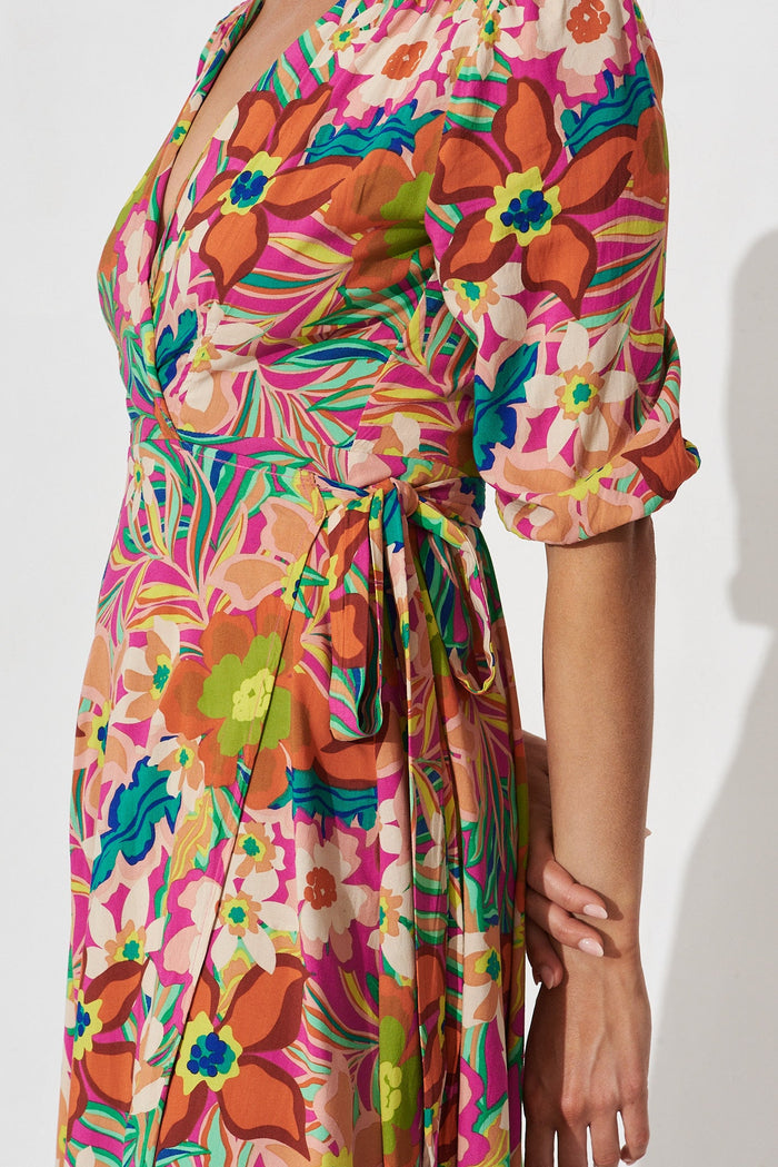 Ronda Wrap Maxi Dress In Pink With Multi Retro Floral - detail