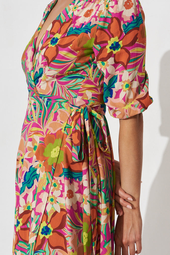 Ronda Wrap Maxi Dress In Pink With Multi Retro Floral - detail